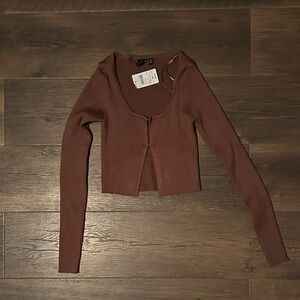 Brown Ribbed Long Sleeve Crop Top